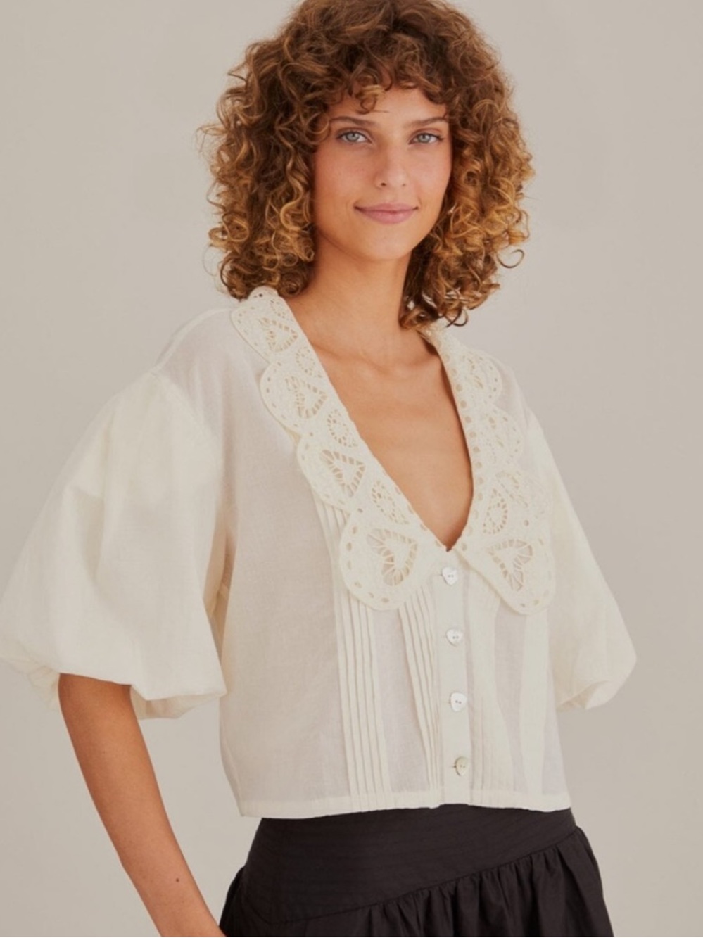 Farm Rio Anthropologie Richelieu Collar Shirt Blouse Off-White Ivory White - Picture 2 of 6